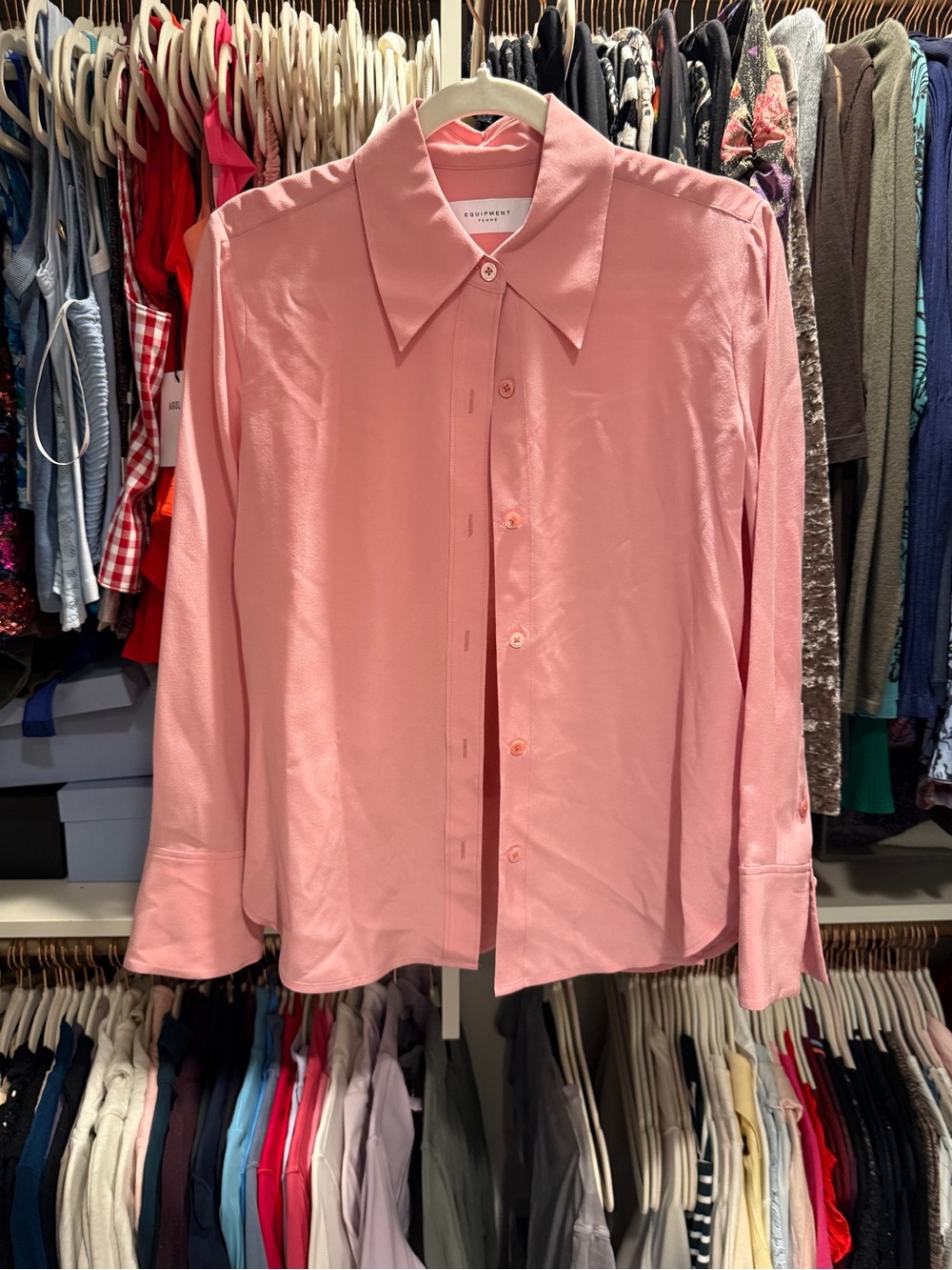 Equipment Pink Long-Sleeve Classic Button-Down Shirt (100% silk)